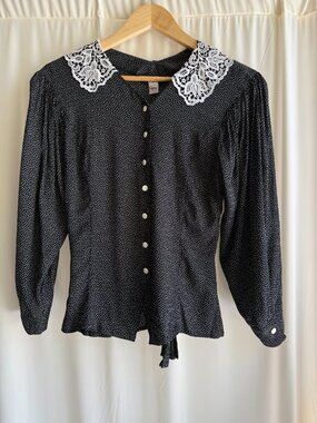 Vintage Italian Black & White Polka Dot Blouse Lace Collar Puff Sleeve Top S